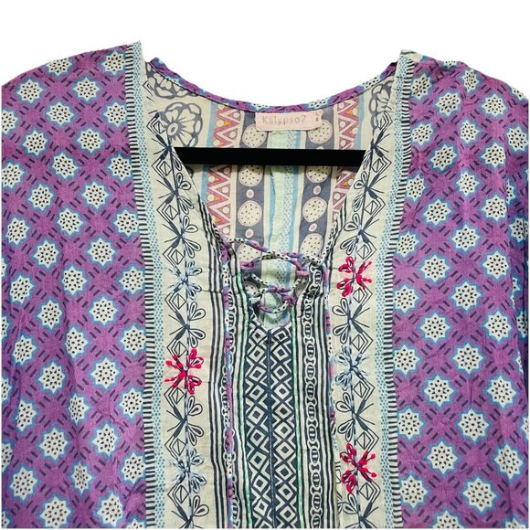 KALYPSO 7 Blue and Purple Boho Embroidered Tasseled Shirt Sz S - Picture 3 of 8